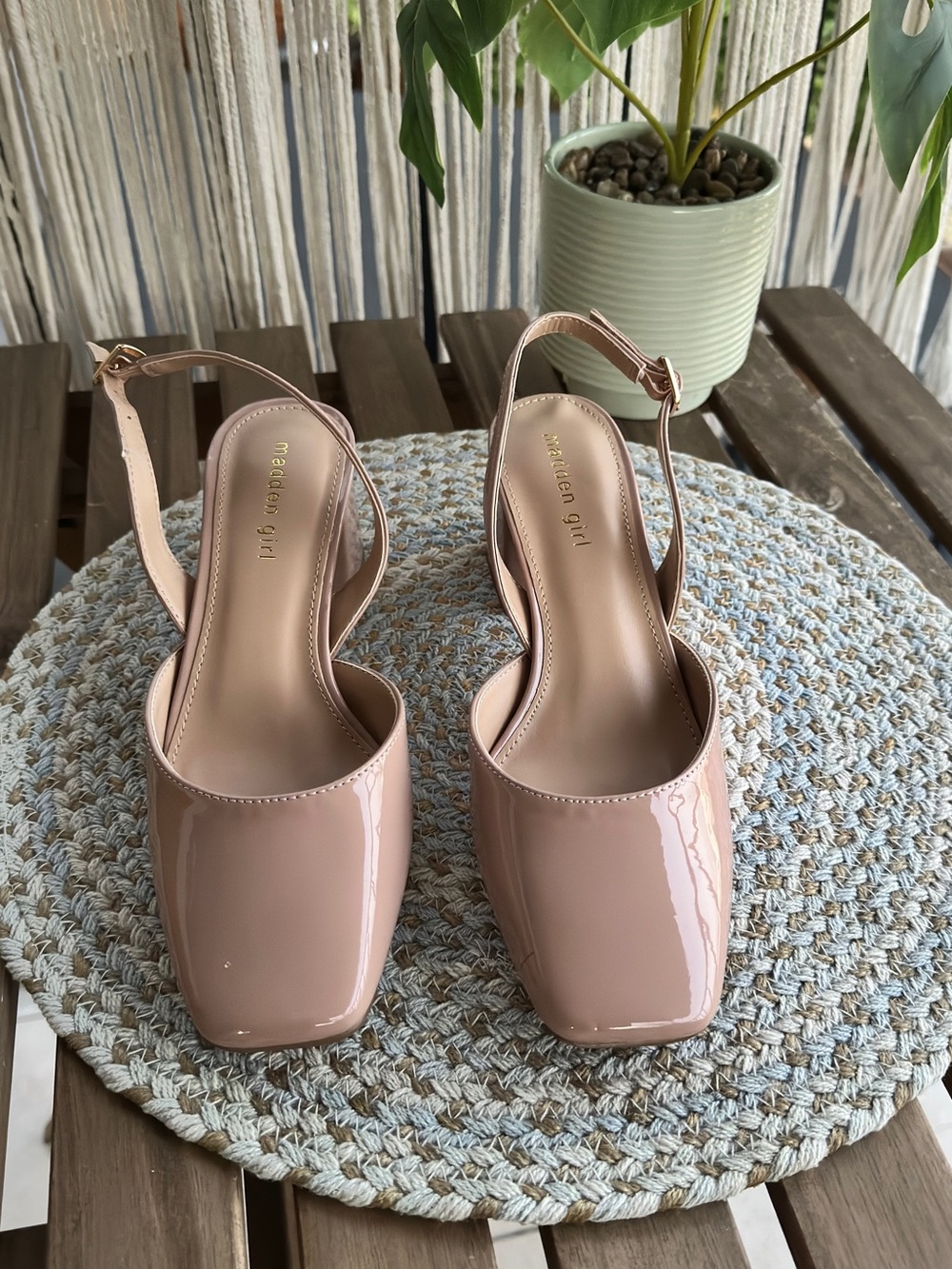 Madison Nude Patent Slingback Square-Toe Pumps